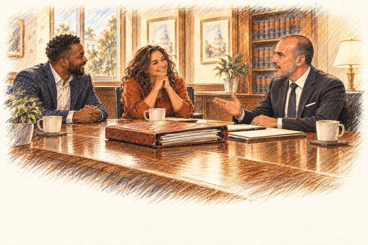 Pencil illustration of attorney Henrik Mosesi discussing legal issues with two clients at a conference table