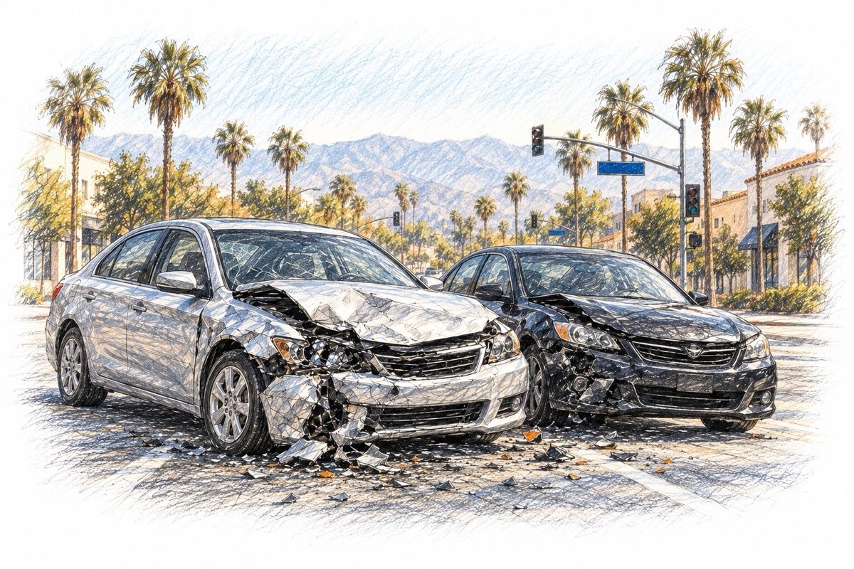 Pencil illustration of two damaged cars at a Southern California intersection